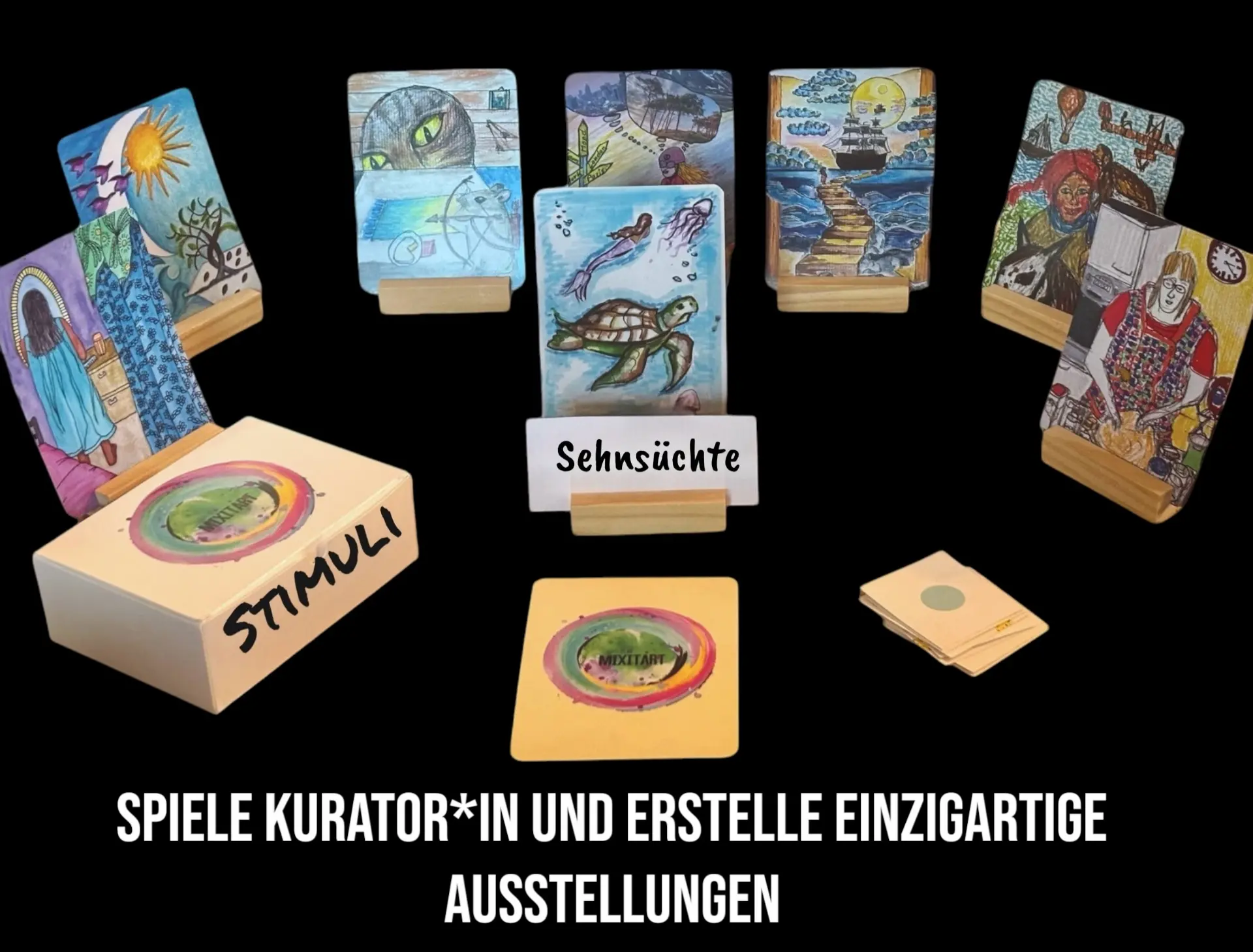 Fertig kuratierte STIMULI-Ausstellung in Präsentationsleisten zum Motto „Sehnsüchte“